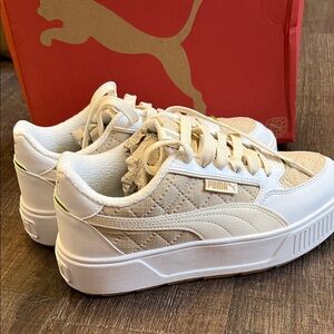 Puma Women's Karmen Rebelle Van Life Beige and White Quilted Sneakers
